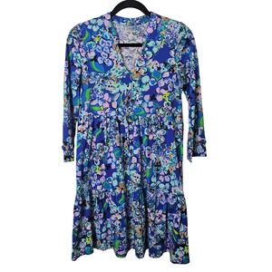 Lilly Pulitzer XS Alaina Dress Blue Grotto Twilight Tropics Floral V-Neck Casual